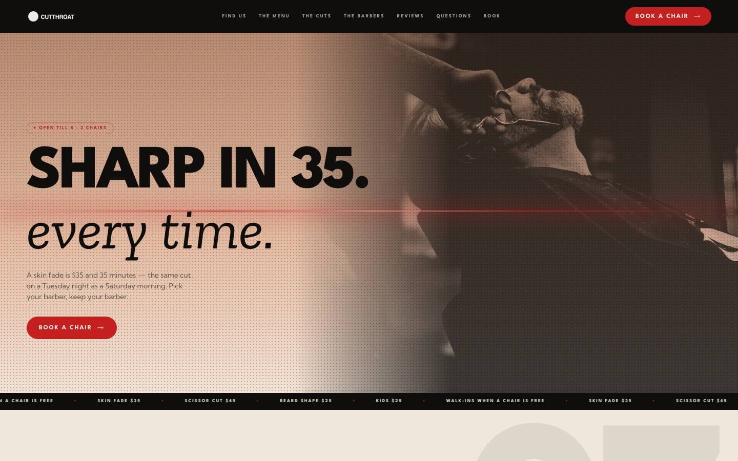 A barbershop website generated by SitesGen: bold capitals, a price board, the shop's own photographs