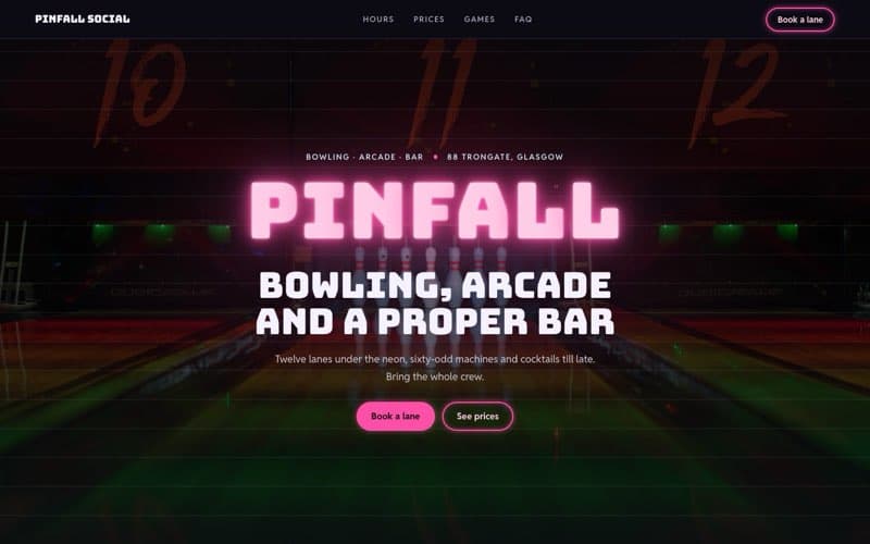 Pinfall Social, a bowling and arcade website the AI built