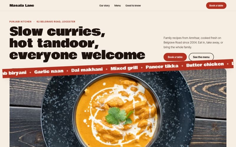 Masala Lane, a indian restaurant website the AI built